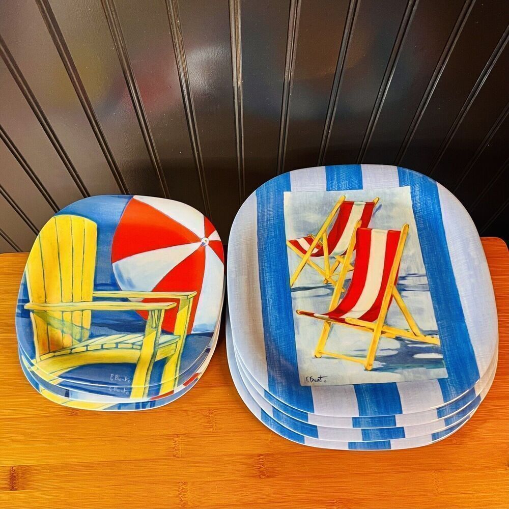 Set of 8 PAUL BRENT by Precidia Melamine Beach Themed 4 Dinner & 4 Salad Plates